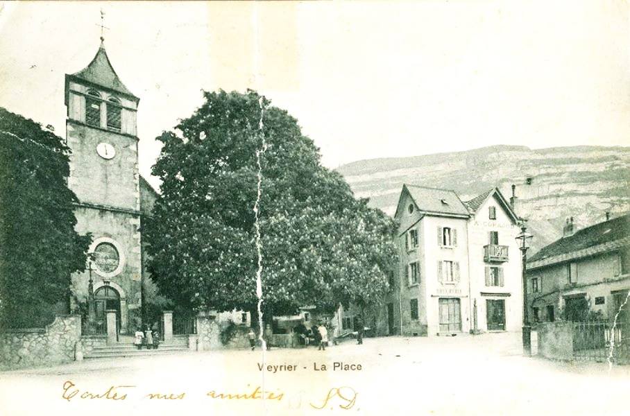 Vintage postcard of Veyrier town square with the Salève in the background.