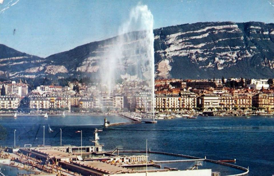 Vintage postcard of Geneva with a view of the Jet d’Eau and the Salève.