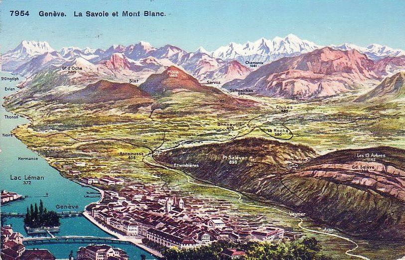 Vintage post of Geneva with a ski map-type image of the Salève and the mountains surrounding the Mont Blanc.