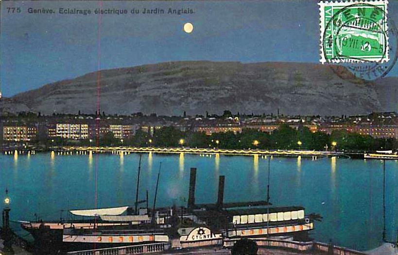 Vintage view of Geneva with a view over Lac Léman and a paddle boat, the Jardin Anglais and the Salève by moonlight.