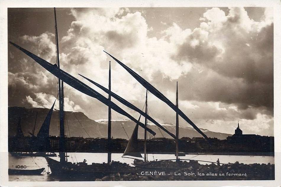 Vintage postcard of Geneva with a view over Lac Léman and traditional sailboats and the Salève in the background.