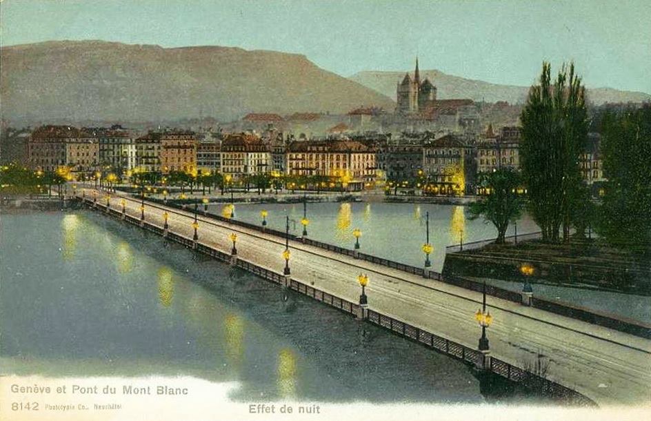 Vintage postcard of Geneva with a view of the Jet d’Eau and the Salève.
