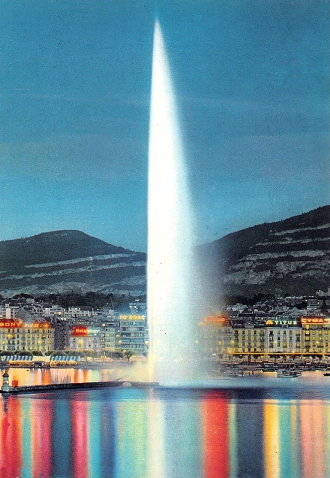 Vintage postcard of Geneva with an aerial view over Lac Léman, the Jet d’Eau and the Salève.