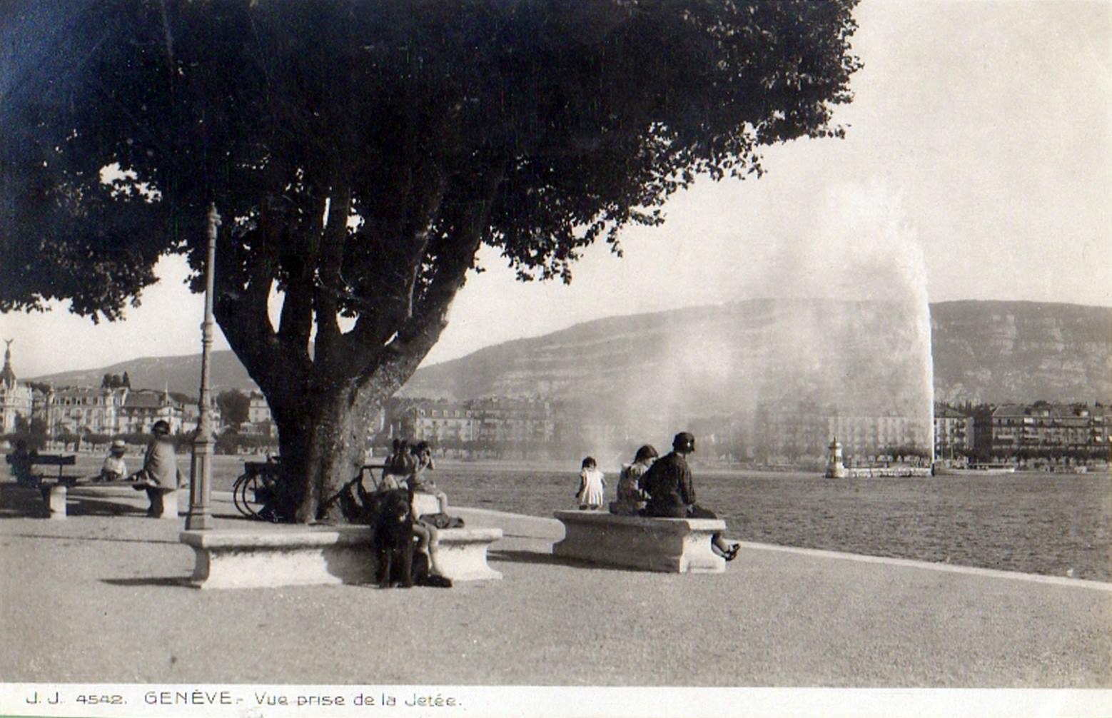 Vintage postcard of Geneva with a view from la Rade, with people sitting under a big tree over the Jet d’Eau and the Salève.