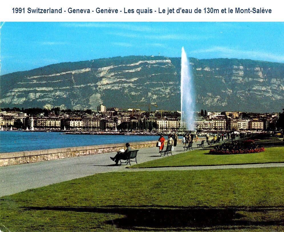 Vintage view of Geneva with a view of the Jardin Anglais, the Jet d’Eau and the Salève.