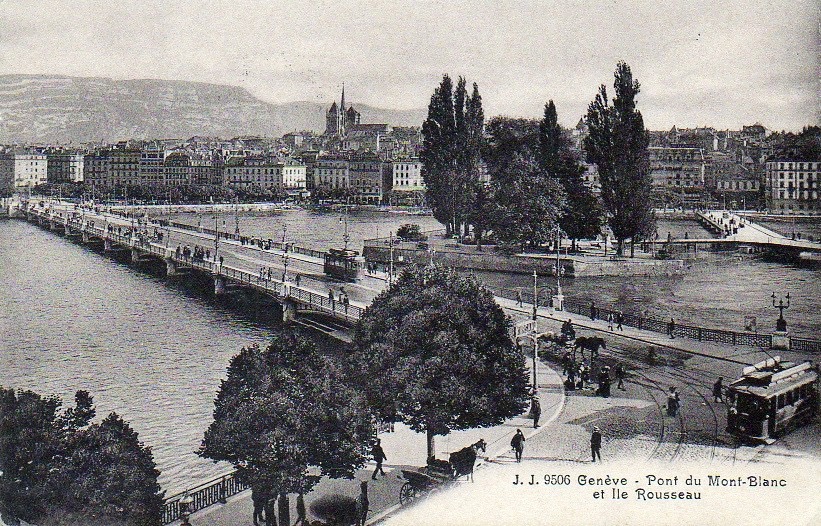Vintage postcard of Geneva of the Mont Blanc bridge and the Ile de Rousseau and in the background the Salève.