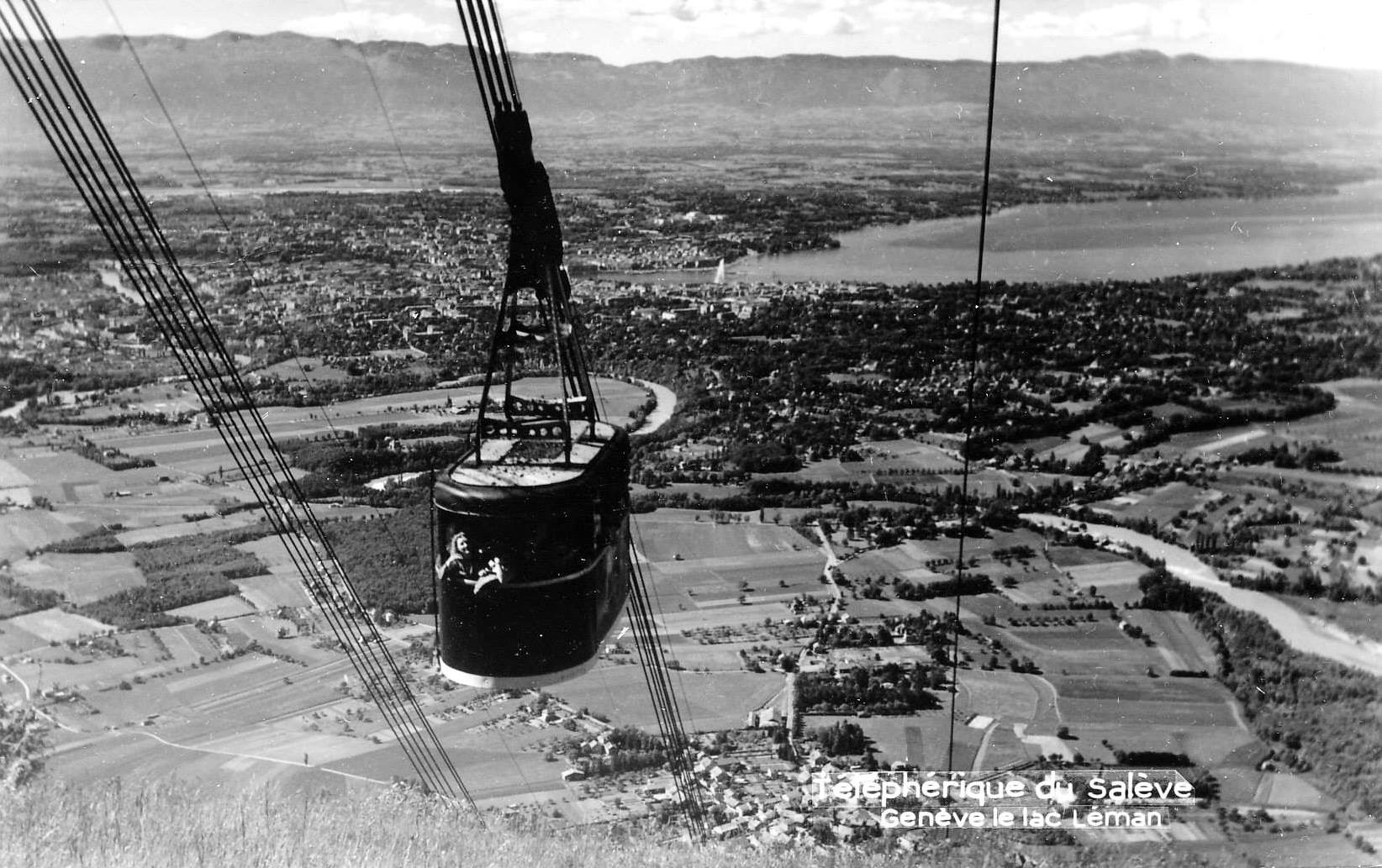 Vintage postcard of Geneva of the old Téléphérique du Salève and an aerial view of Geneva and Lac Léman.