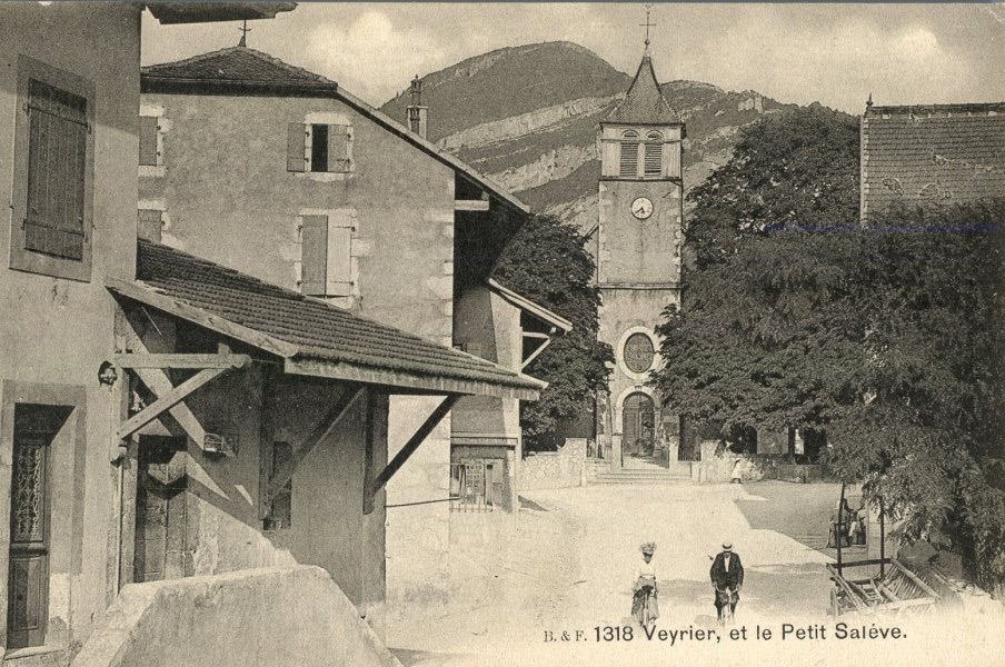 Vintage postcard of Veyrier town square and the town church with the Salève in the background.