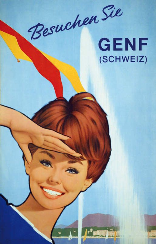 Vintage poster of Geneva with a young lady, the Jet d’Eau and the Salève in the background, in German.