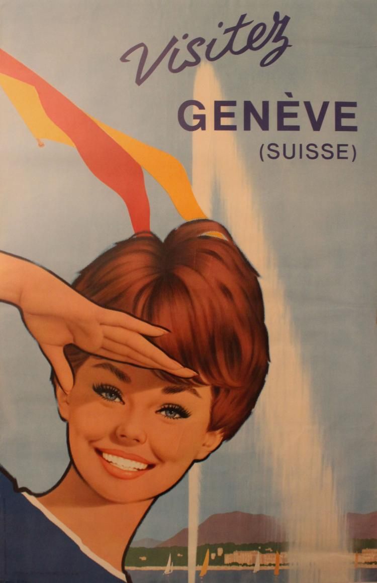 Vintage poster of Geneva with a young lady, the Jet d’Eau and the Salève in the background, in French.