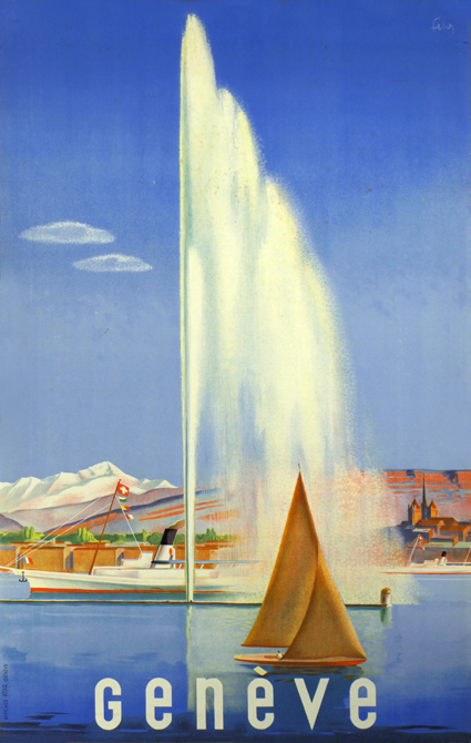 Vintage poster of Geneva of Lac Léman, a traditional sail boat, the Jet d’Eau and the Salève in the background.