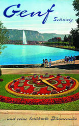 Vintage poster of Geneva of the Flower Clock, Lac Léman, the Jet d’Eau and the Salève in the background, in German.