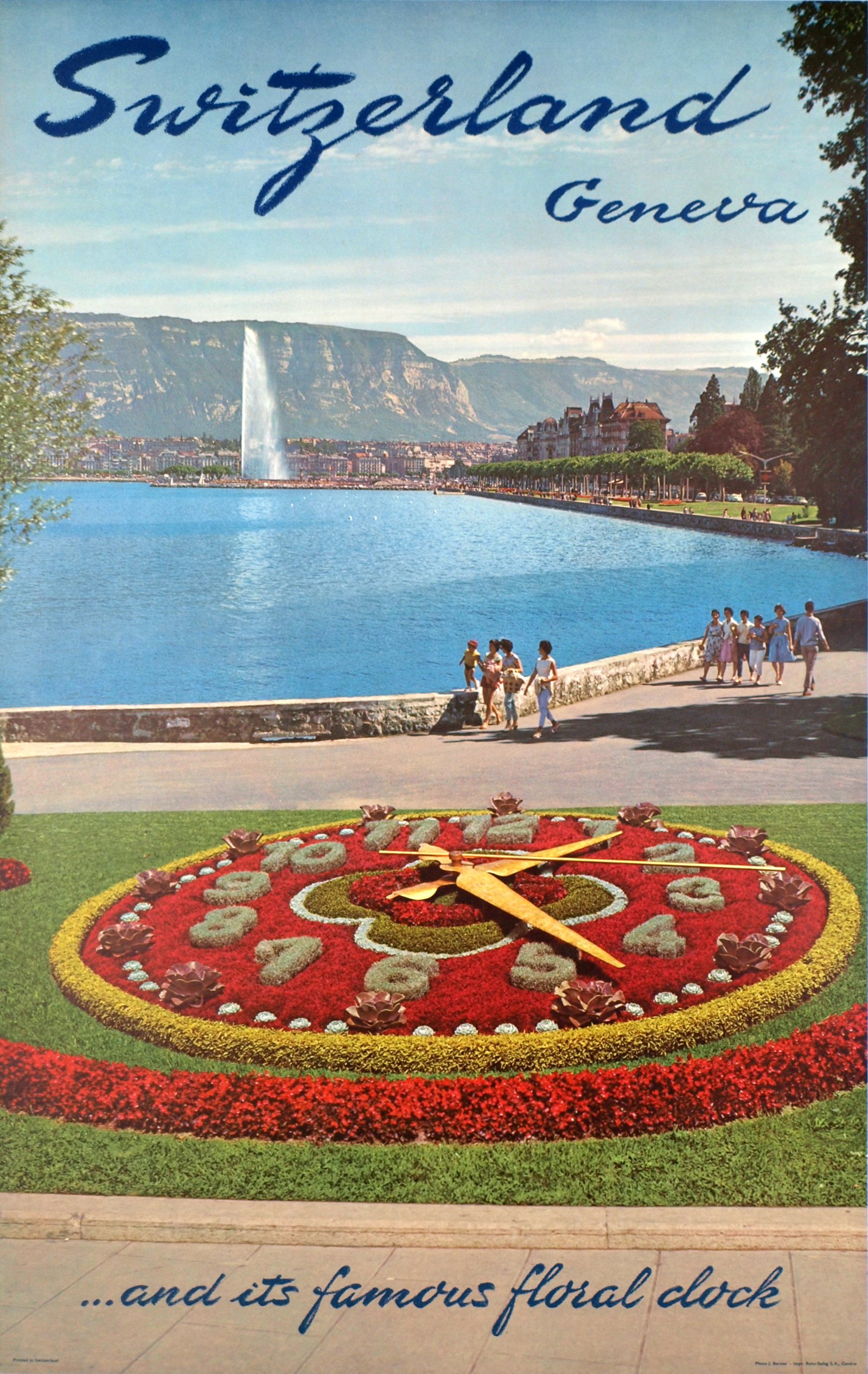 Vintage poster of Geneva of the Flower Clock, Lac Léman, the Jet d’Eau and the Salève in the background, in English.