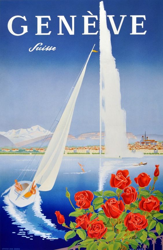 Vintage poster of Geneva with roses, Lac Léman, a sail boat, the Jet d’Eau and the Salève in the background, in French.