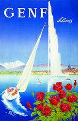 Vintage poster of Geneva with roses, Lac Léman, a sail boat, the Jet d’Eau and the Salève in the background, in German.