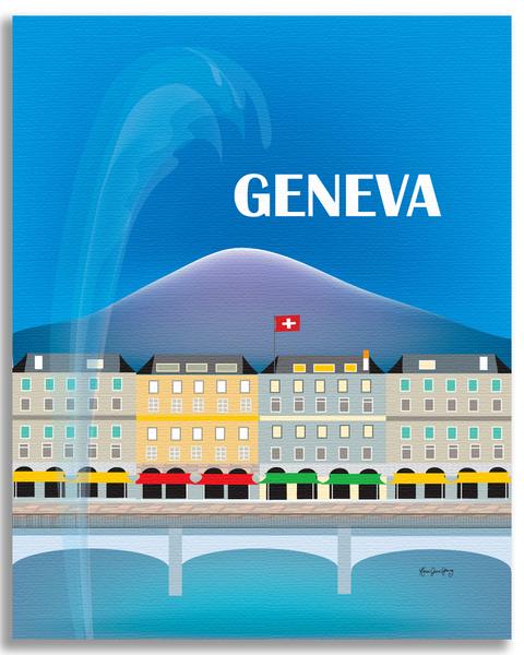 Vintage poster of Geneva with the Mont Blanc bridge, la Rade, a Swiss flag, and the Mont Blanc in the background.