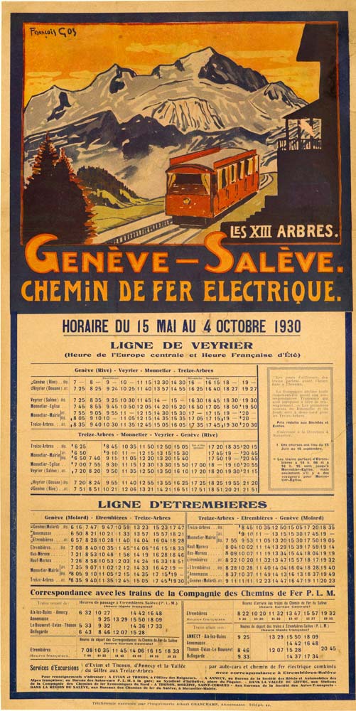 Vintage poster of a timetable of the Chemin de Fer Electrique Genève-Salève.