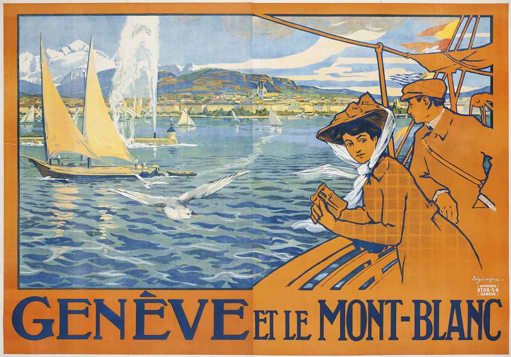 Vintage poster of Geneva: Lac Léman and sail boats.