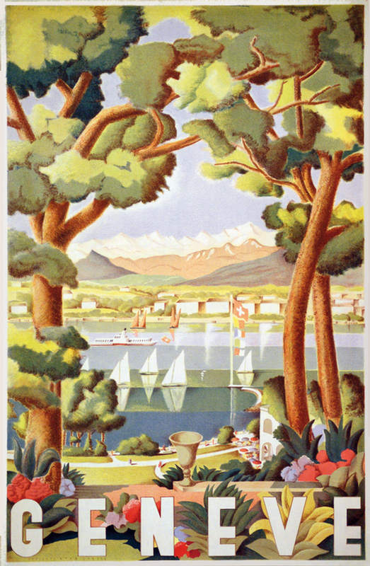 Vintage poster of Geneva: Lac Léman and sail boats.