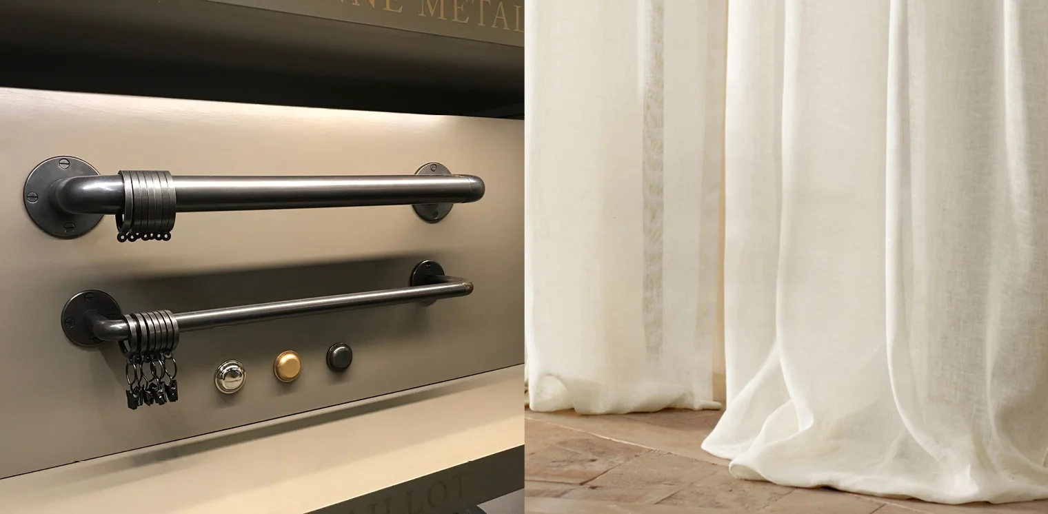 LEFT: RH Cast Iron Hotel Rod / RIGHT: RH Belgian Sheer Linen Drapery
