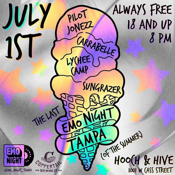 Hyped to announce the next show. 
July 1st at @hoochandhive we will be joined by @wearesungrazer @lychee_camp @carrabelle &amp; @whothefuckispilotjonezz 

This will also be the last Emo Night of the summer.  So come out &amp; support some really grea
