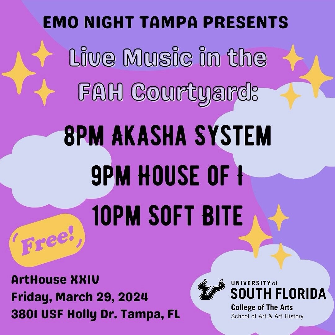 Sup buds! Got this little jam going down on March 29 at USF for Arthouse XXIV! So for all you who ask us to do things on campus or close to it, I expect to see y&rsquo;all there!

FREE show in the courtyard of the FAH building.  We have @akasha.syste