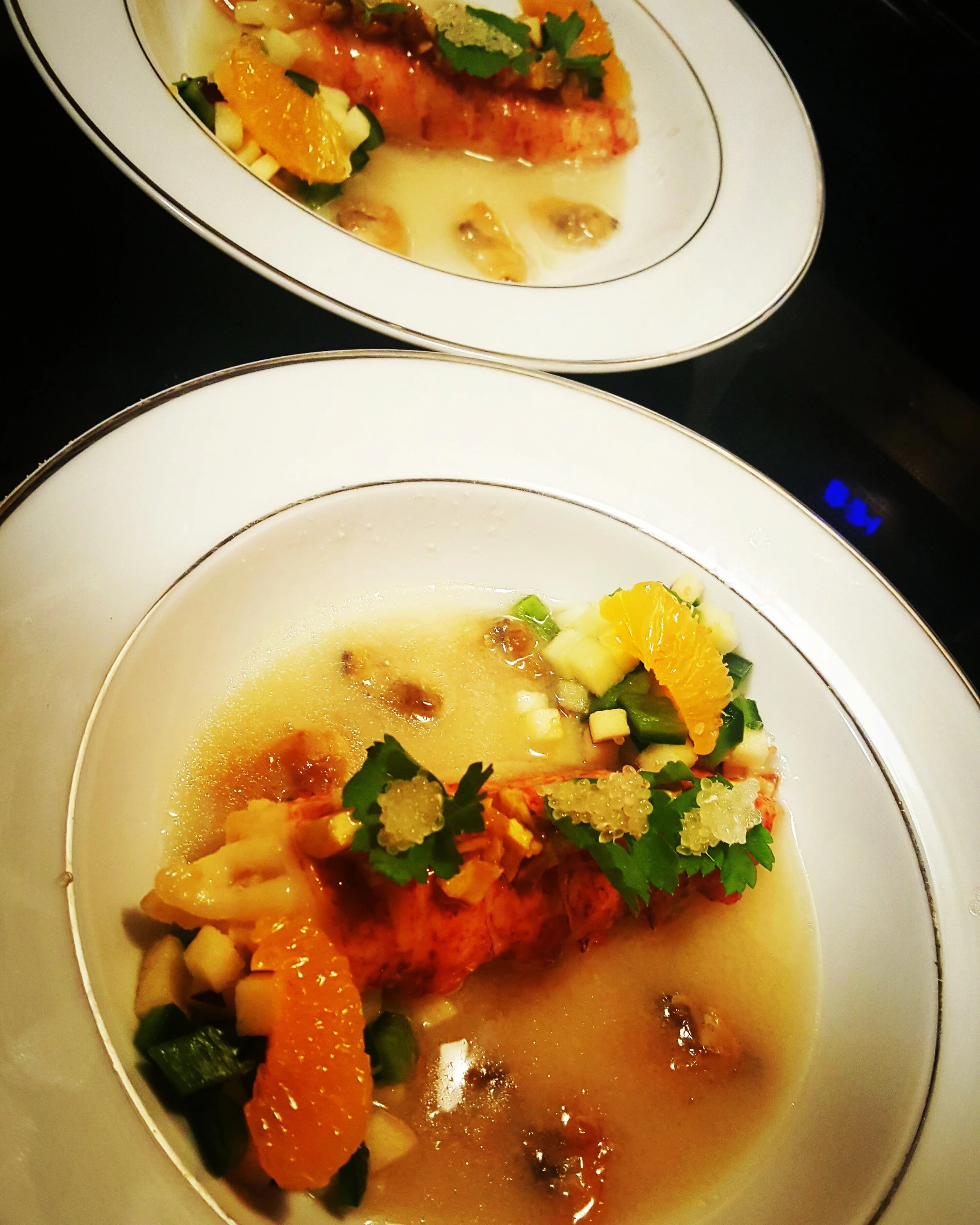 Miso Honey Glazed Lobster with miso clam brother and poblano apple relish