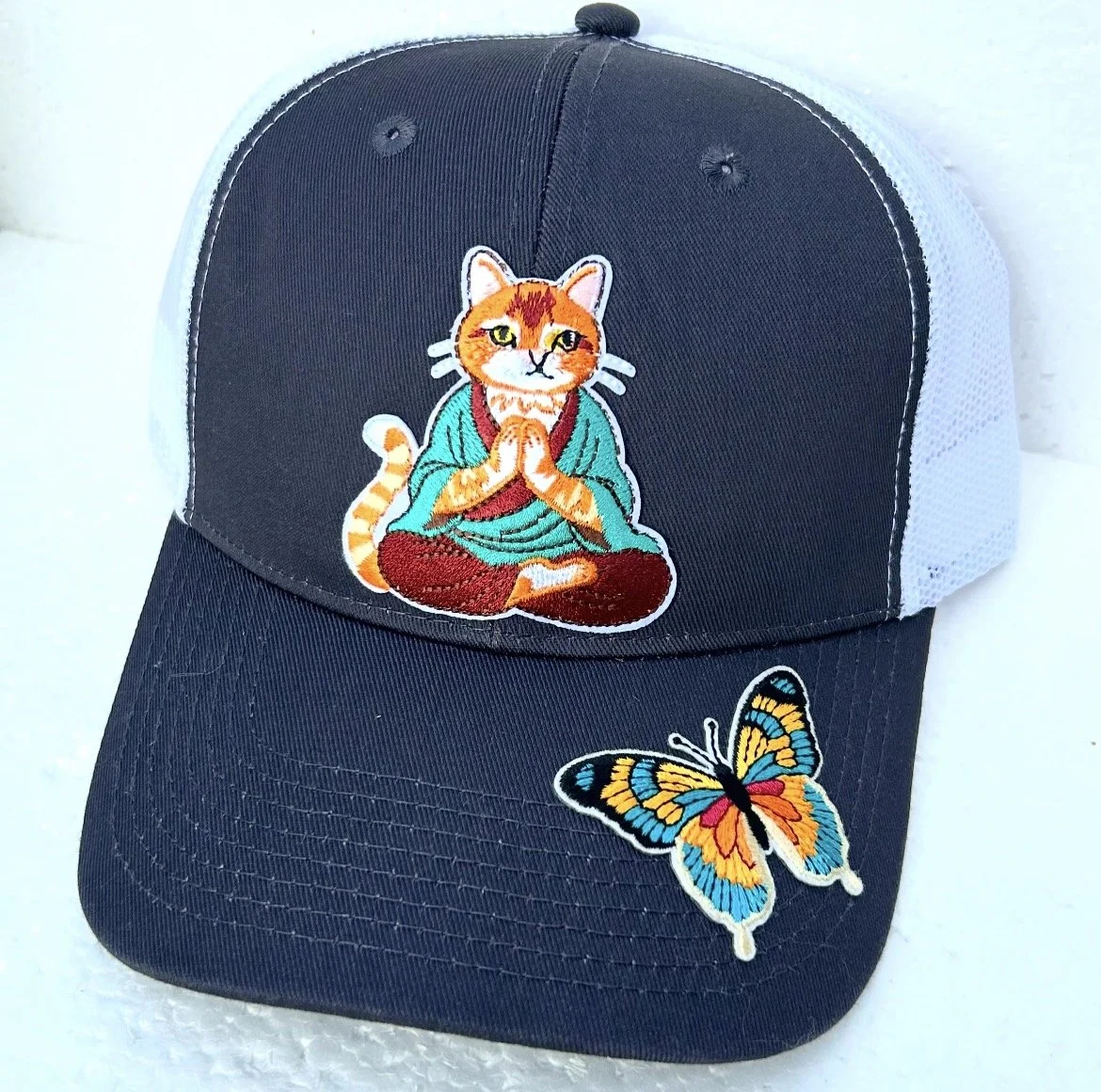 grey trucker w/buddha cat + butterfly