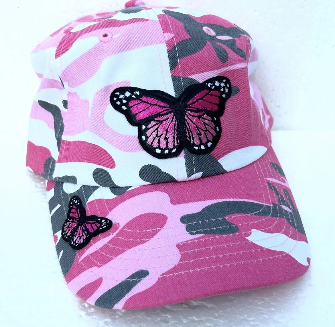 pink camo cap w/butterfly patches