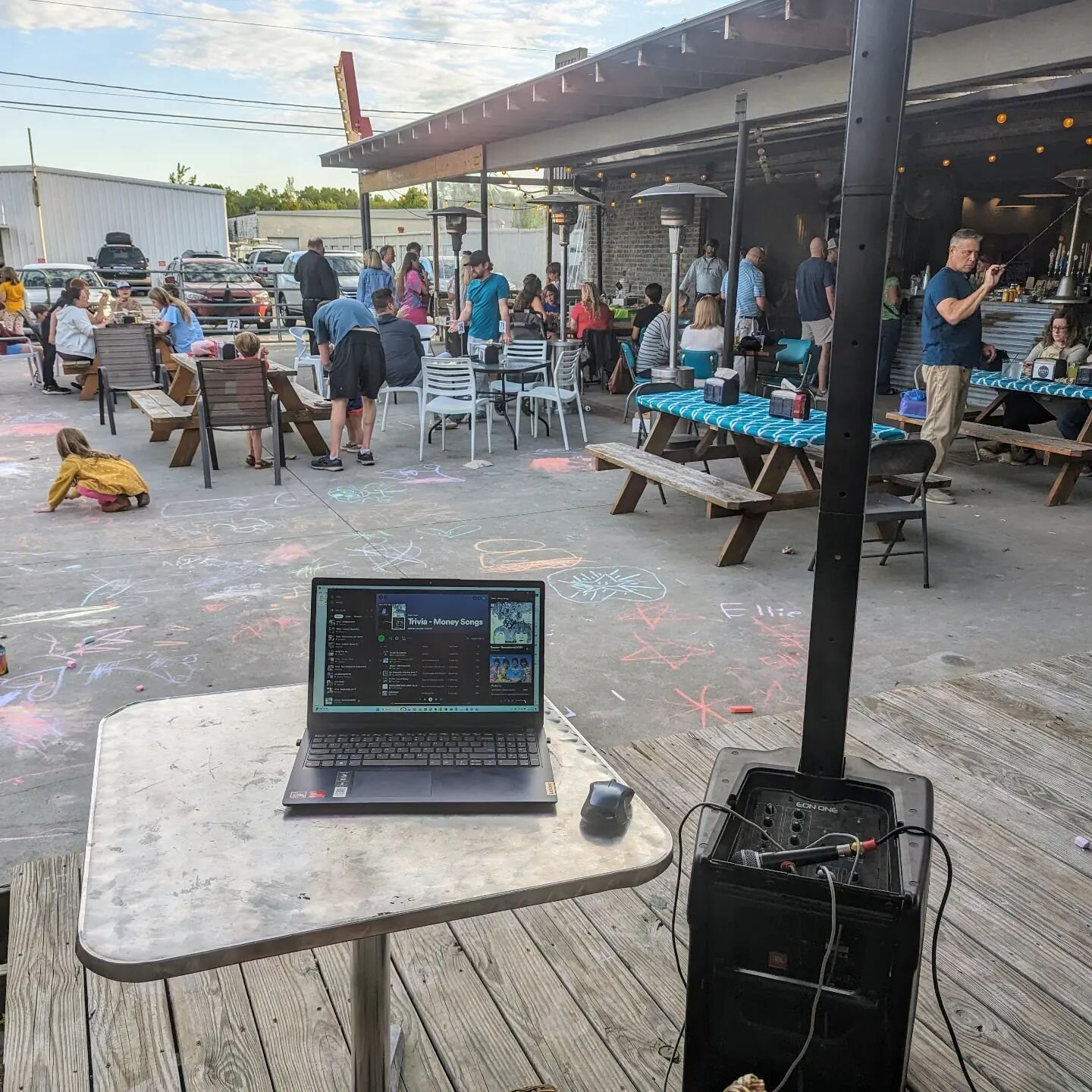 We can use the stage for many things!... 
Setting up for trivia outside tonight, and depending on how it goes we might be doing it this way going forward!  And you can still hear it inside, just not as loud!