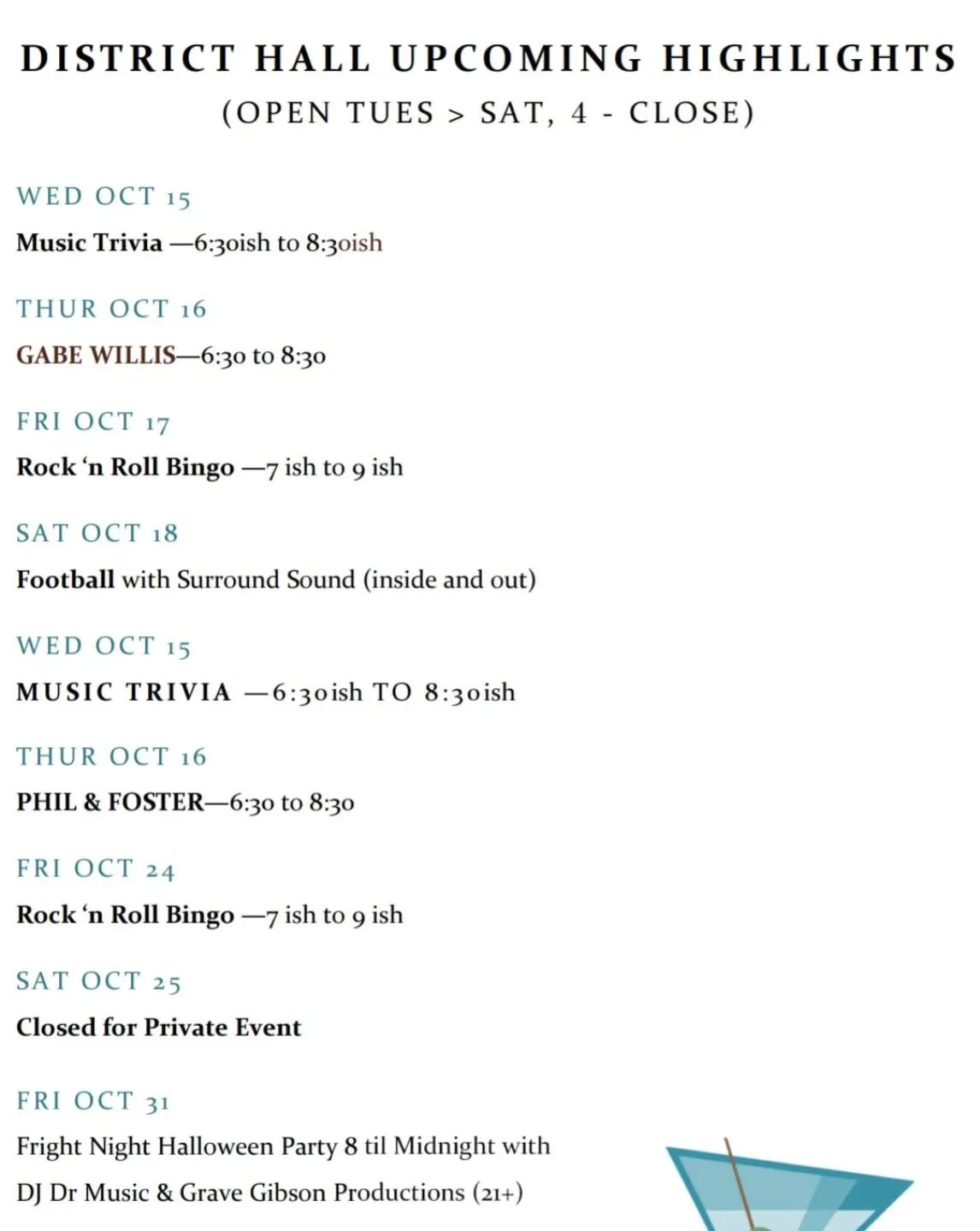 Exciting news!!: Aside from the occasional band or if we are closed for a private event, Rock and Roll Bingo is back on Fridays, and football Saturdays is back too!! We're also bringing back Thursday live music, either inside or on the patio under th