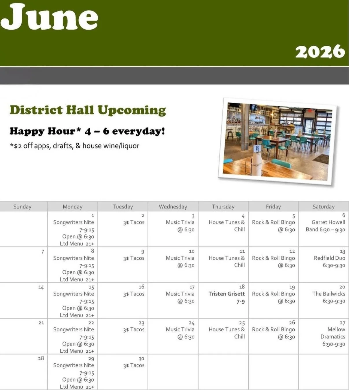 Welcome, June!🌞Warmer days, Father&rsquo;s Day, and these upcoming events with us are in your future! Kick it off tonight with Rock &lsquo;n&rsquo; Roll Bingo, and tomorrow night with The Garrett Howell Band - rain or shine, inside stage or outside?