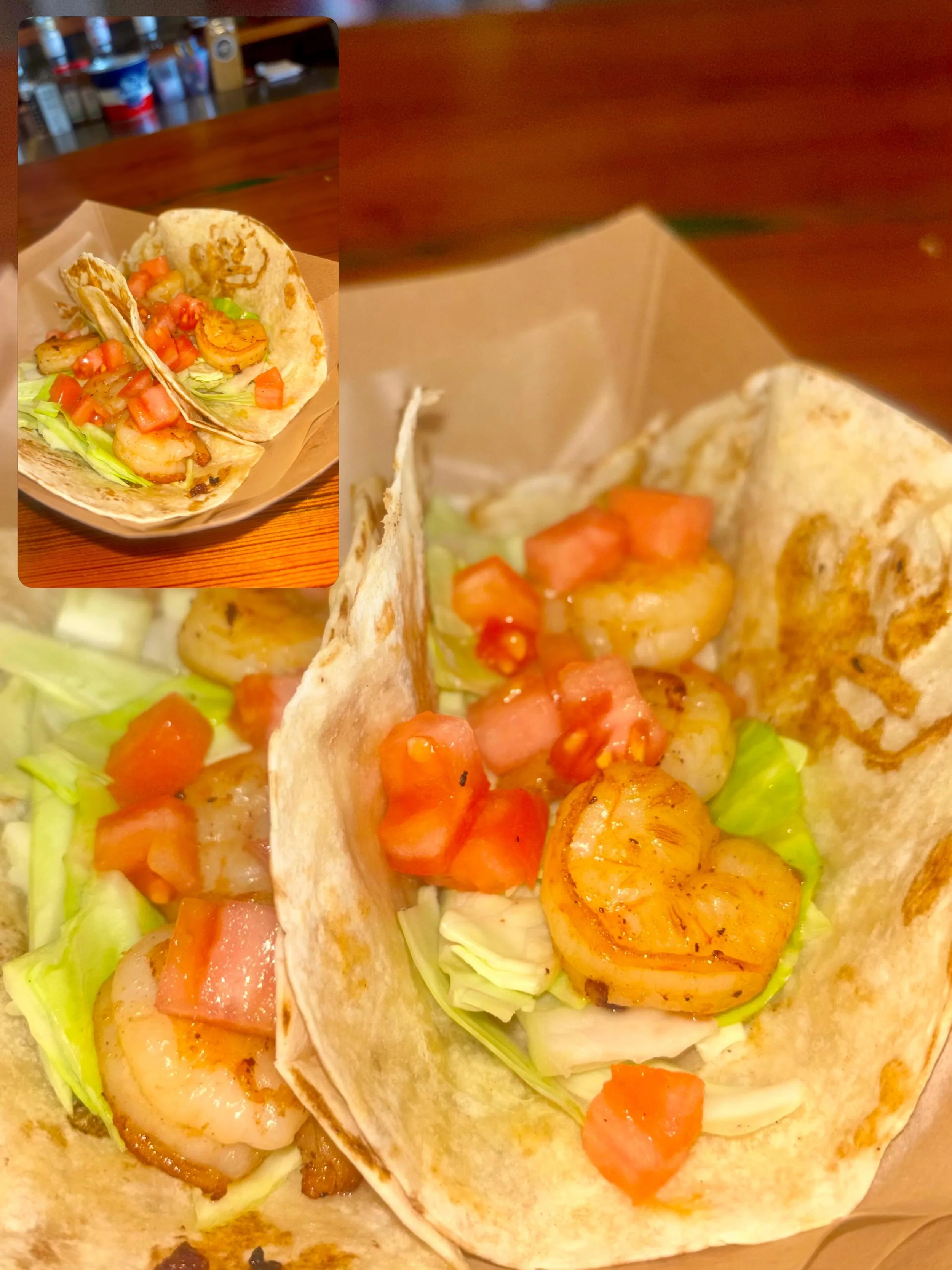 $3 TACO TUESDAY - saut&eacute;ed garlic shrimp with shredded cabbage &amp; diced tomatoes AND Happy Hour starts @ 4PM with $2 off apps, drafts, and more 🍻🍤🌮