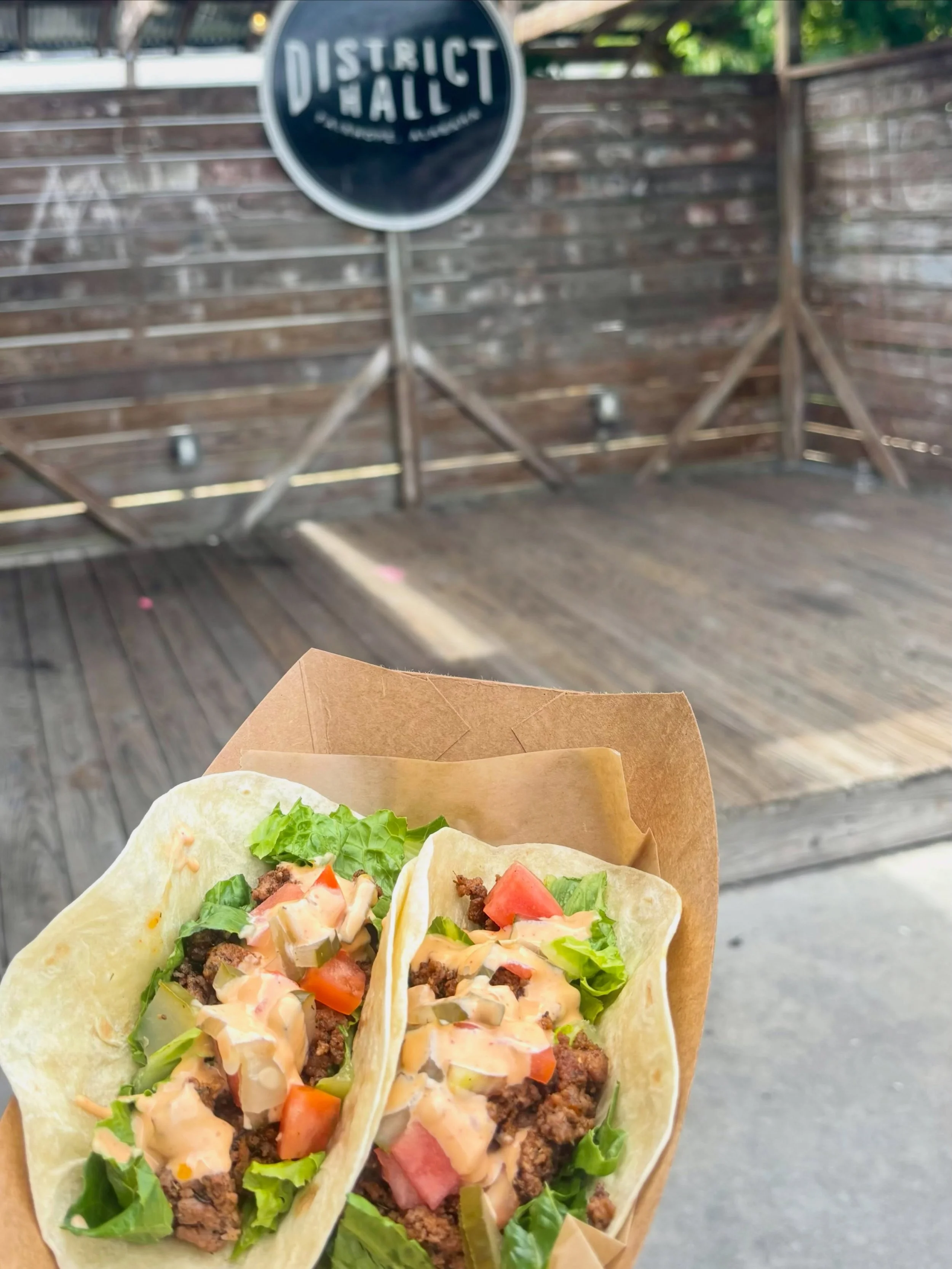 $3 TACO TUESDAY with a burger spin - ground beef, lettuce, tomato, and a spicy pickle mayo. Instead of ketchup, dip these tacos in our Happy Hour from 4-6 with $2 off apps, drafts, and more ✨