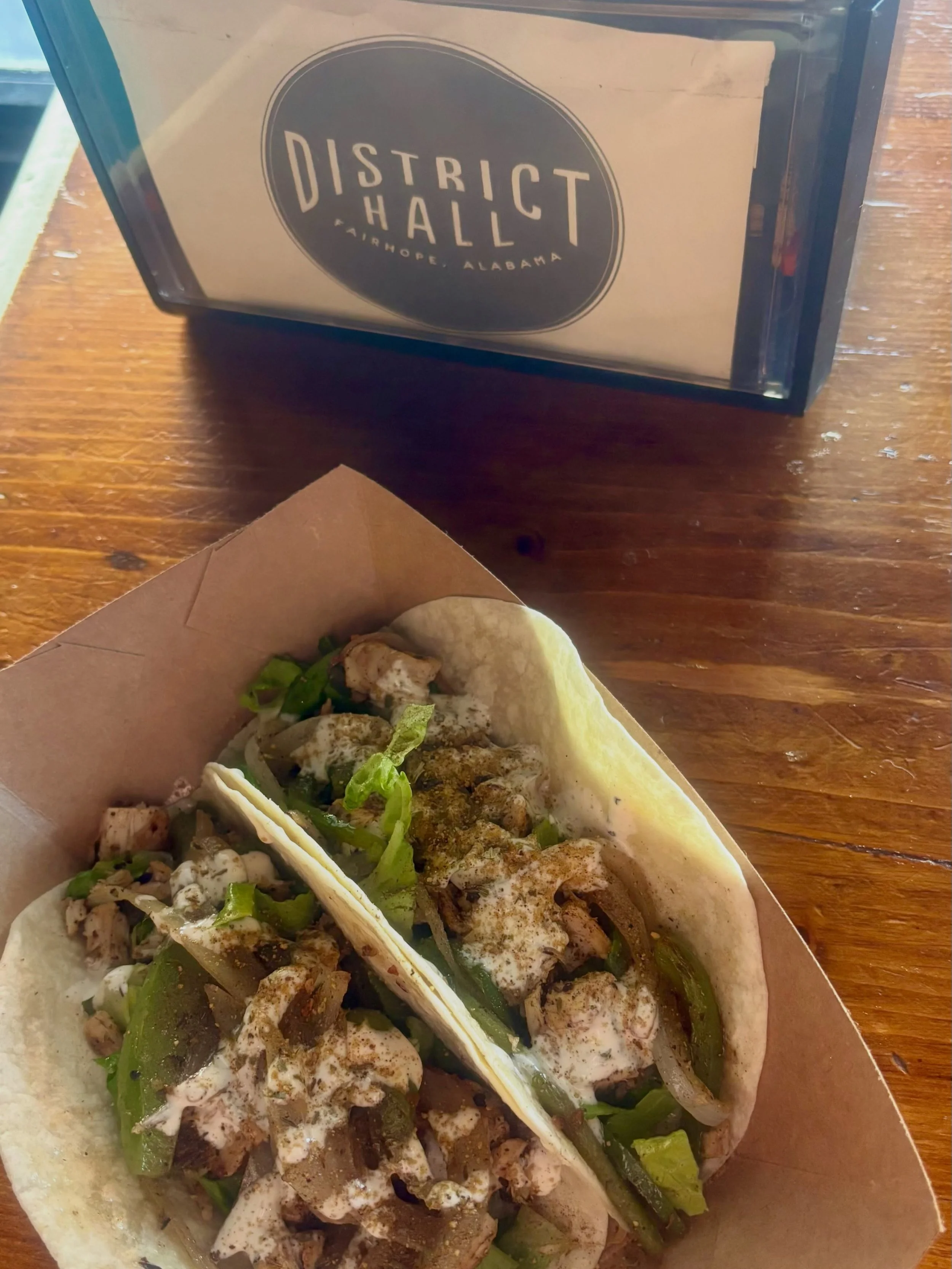 $3 TACO TUESDAY - jerk chicken with lettuce, grilled green peppers and onions &amp; a lil drizz of ranch. Pairs nicely with Happy Hour 🍻🤌🏼✨