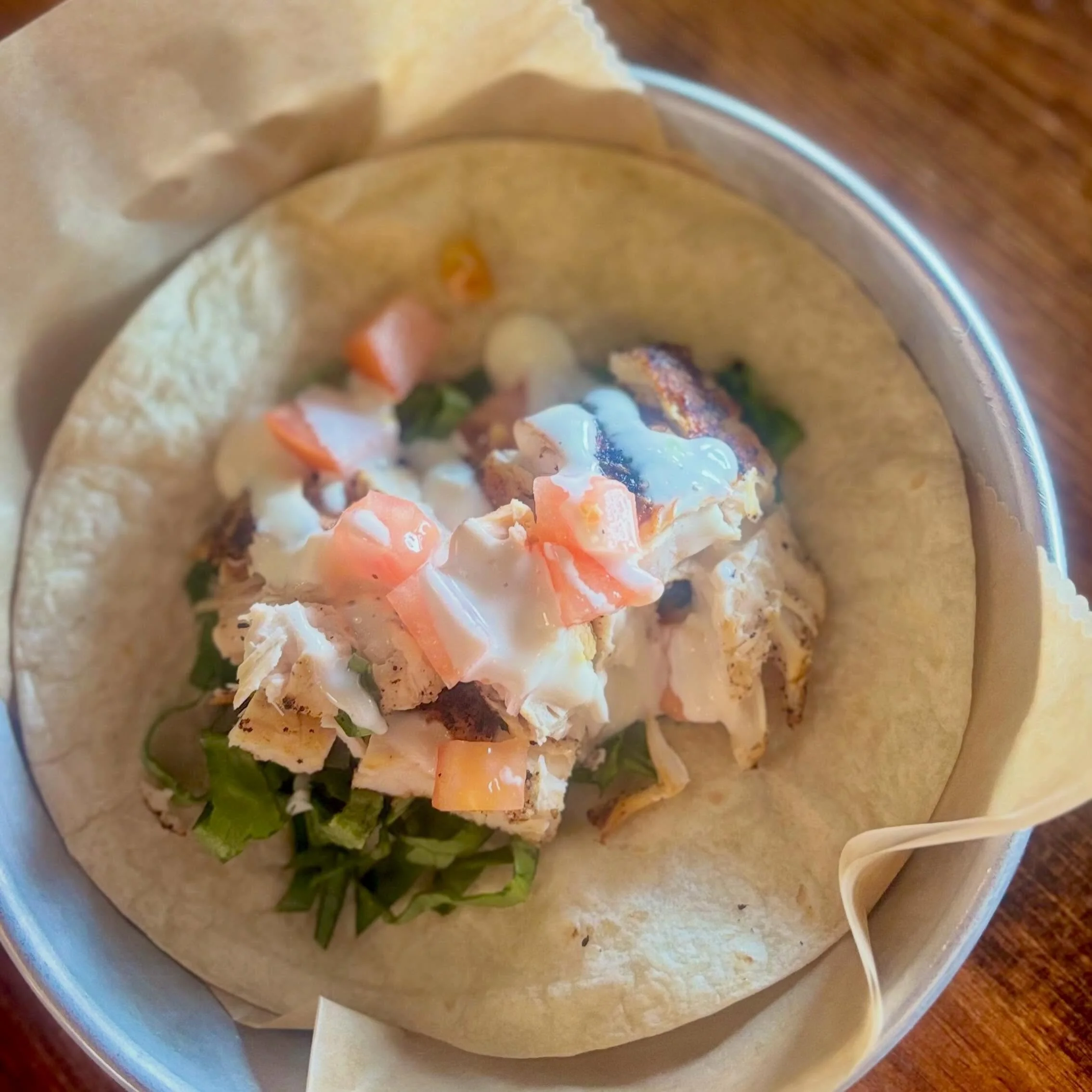 $3 TACO TUESDAY: grilled chicken with lettuce, diced tomato, &amp; a lemon aioli - perfect for this sauna weather. Stop by tonight for Happy Hour, delicious tacos, and to watch the World Cup (France vs. Sweden on right now, Mexico vs. Ecuador tonight