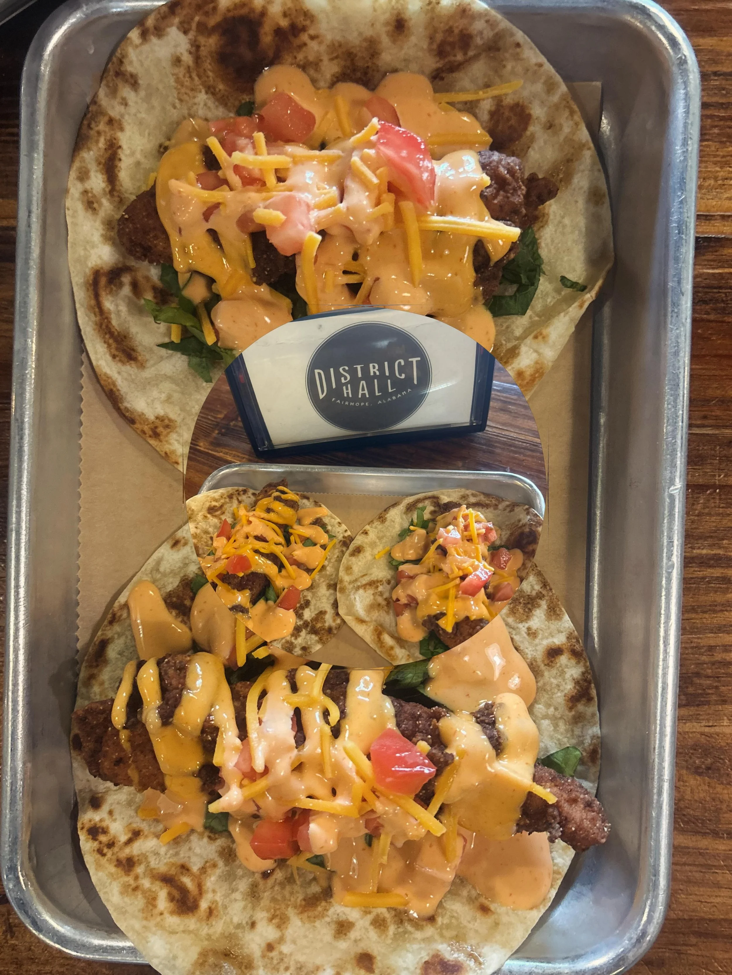 $3 TACO TUESDAY -  fried chicken with lettuce, tomato, shredded cheese, &amp; a spicy aioli 🤌👩🏻&zwj;🍳 head cook gives this taco an extra A+ 👏🏻