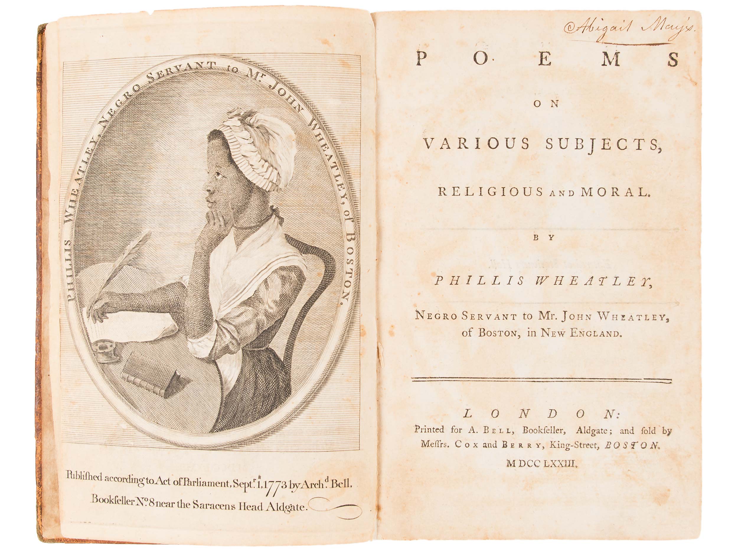 Phillis Wheatley, Poems on Various Subjects, Religious and Moral, 1773