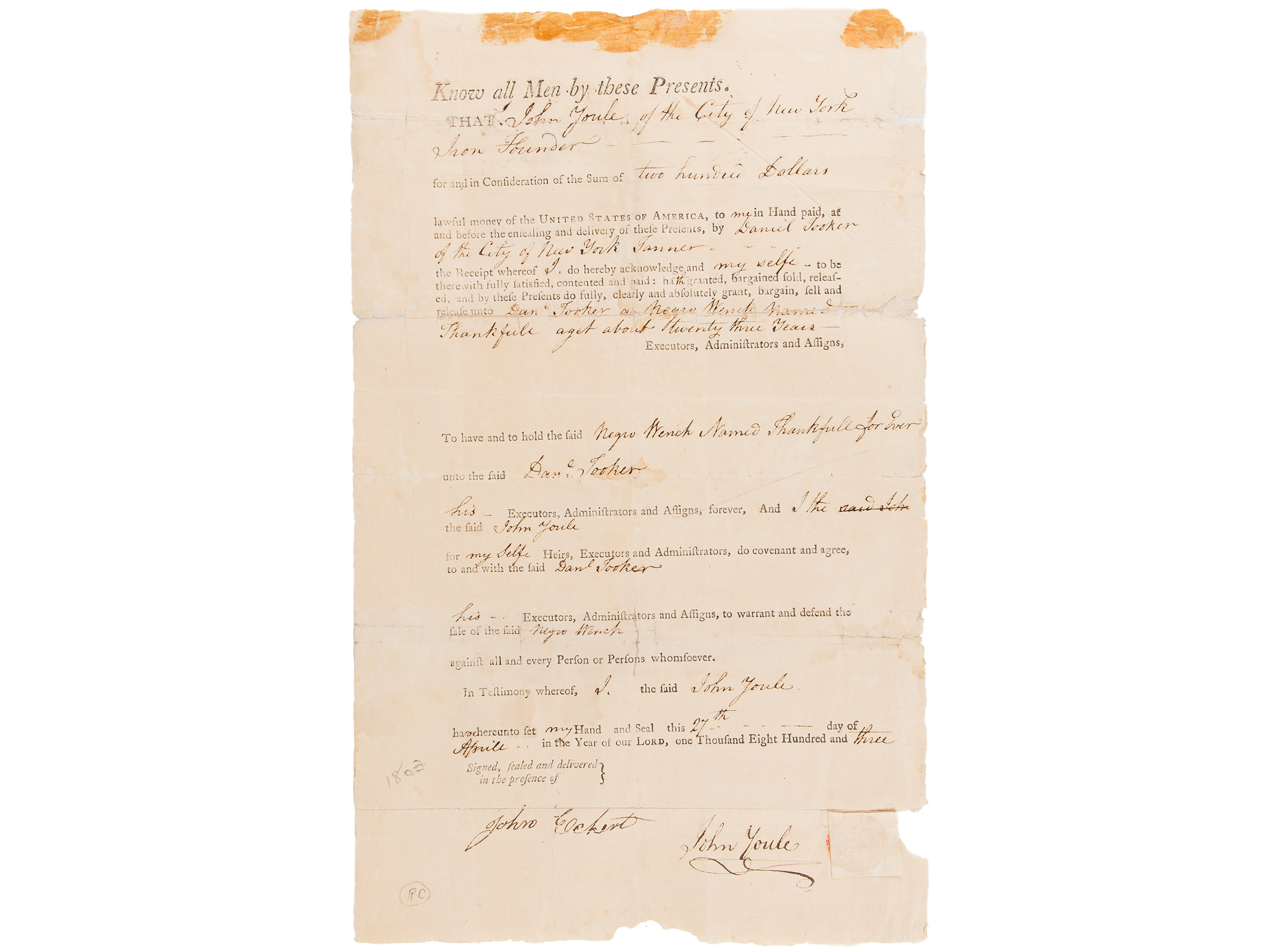 Bill of sale for Thankfull, 1803