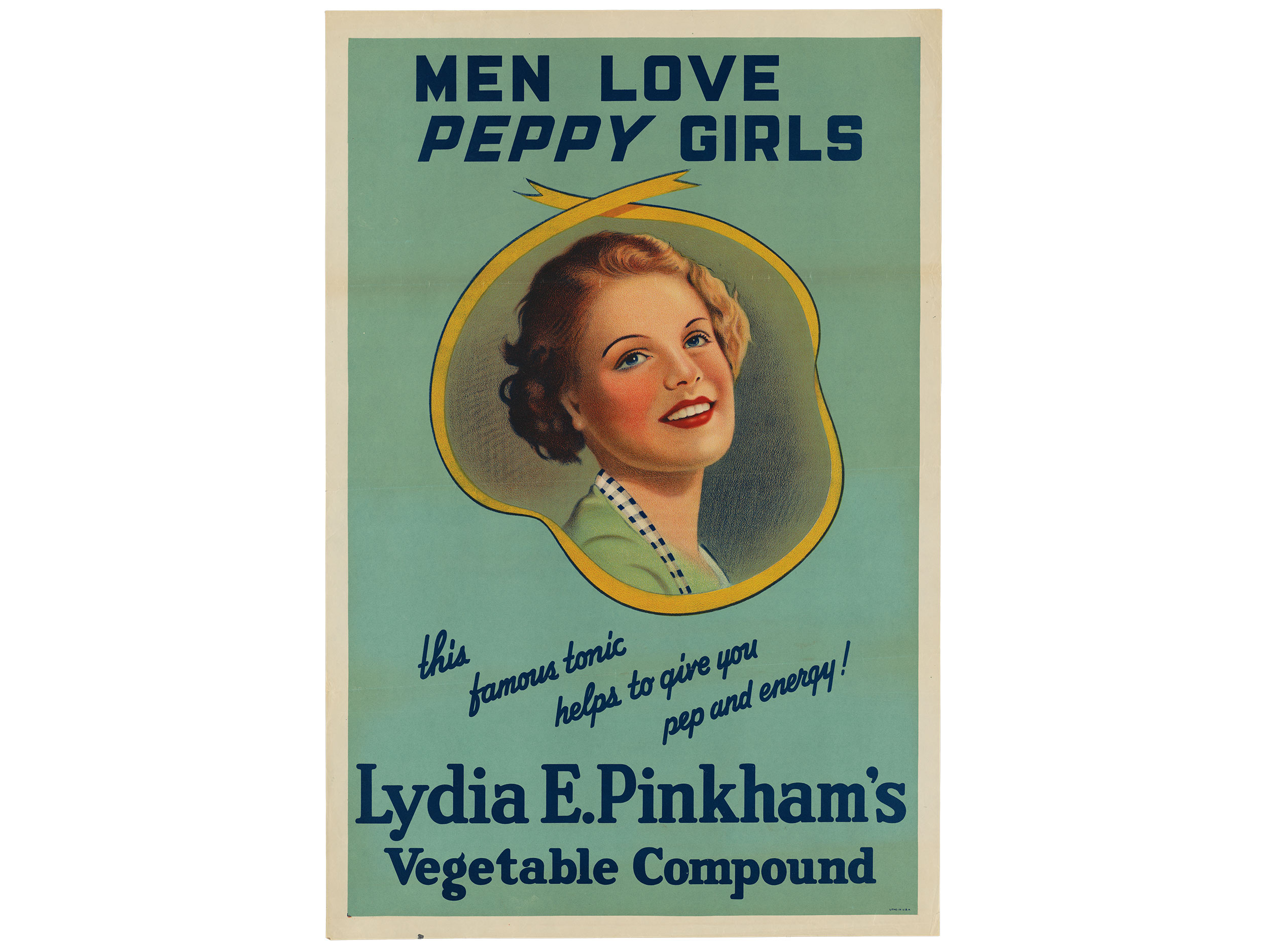 "Men Love Peppy Girls" poster, Lydia E. Pinkham Medicine Company, 1936