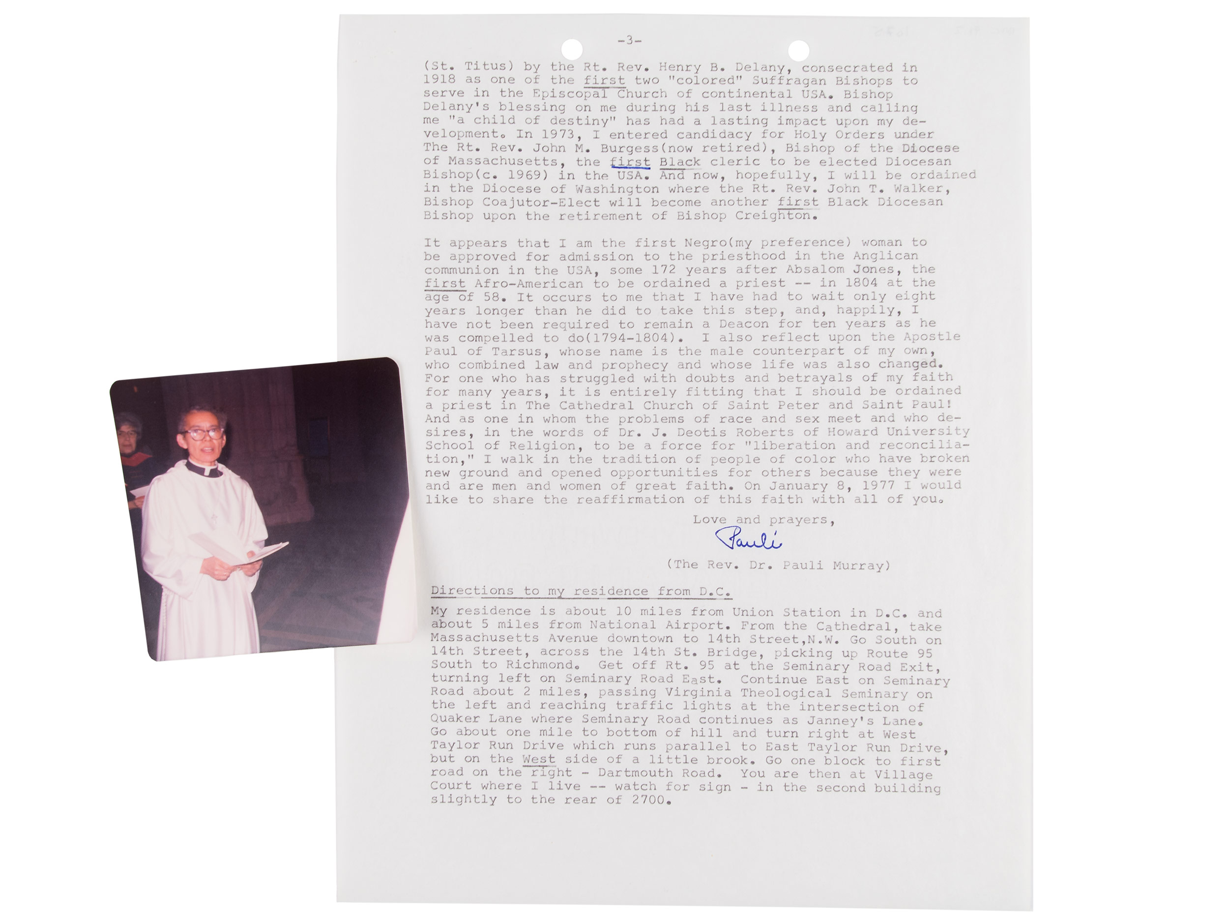 Pauli Murray letter and photo of her ordination, 1977