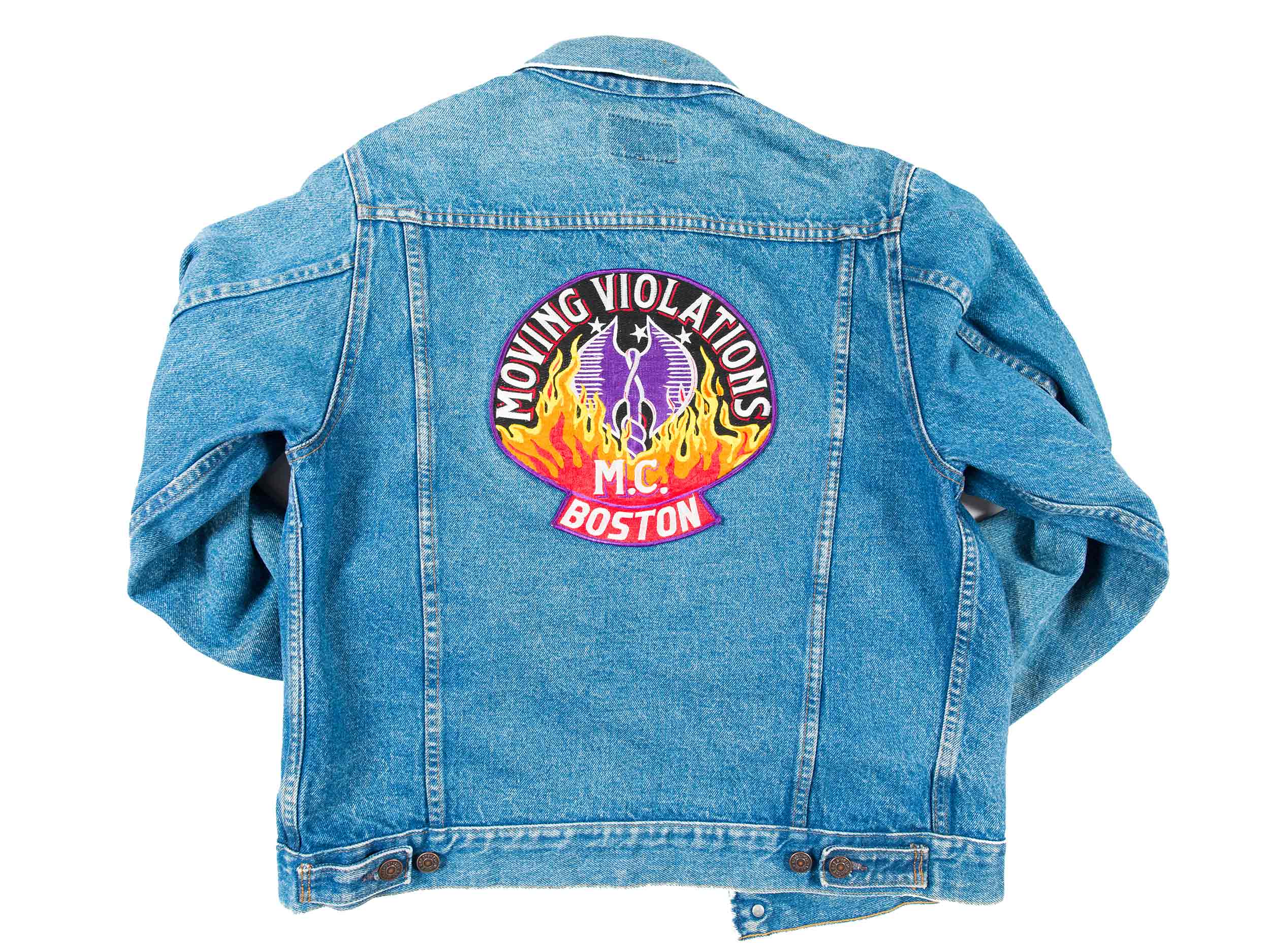 Moving Violations Motorcycle Club embroidered denim jacket, ca. 1985