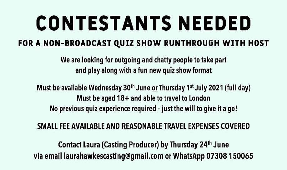 ** UK - PAID - PILOT CASTING ** (NB Non-Broadcast but these are normally great fun!)