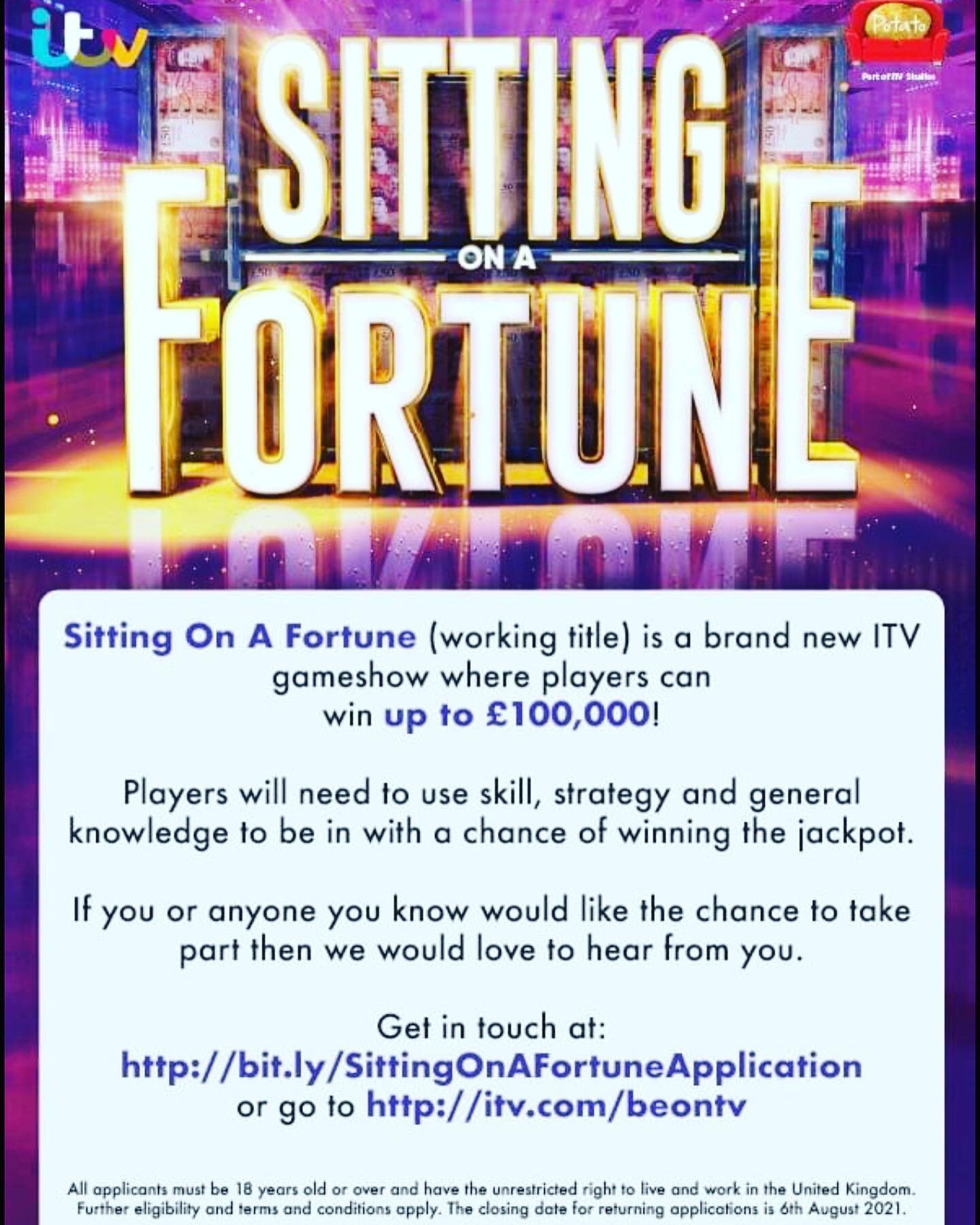 ** UK - TV CASTING **

--------
Casting now for a brand new ITV prime time gameshow! For your chance to win up to &pound;100k - apply here!
https://itv.etribez.com/ag/itvp2/soaf/welcome.html

*
*
*
*
*
*
*
*
*
*
*
*
*
*
*
*
*
*
*
*
#UK #casting #tvca