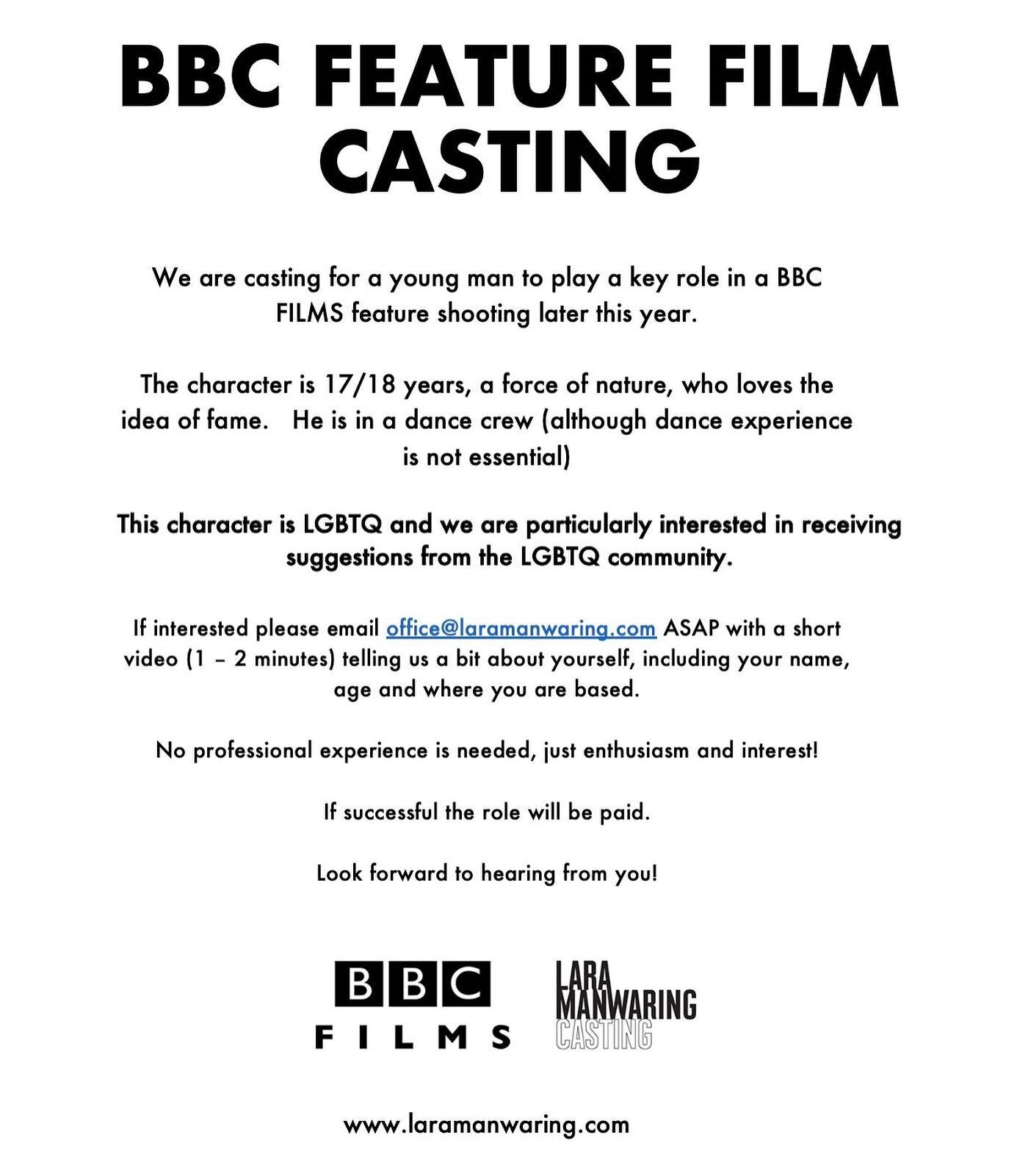 ** UK - FILM CASTING **
LARA MANWARING CASTING are casting a young LGBTQ man - character is aged 17/18, who loves the idea of fame and a force to be reckoned with. Particularly interested in receiving apps from the LGBTQ community. If this is you get