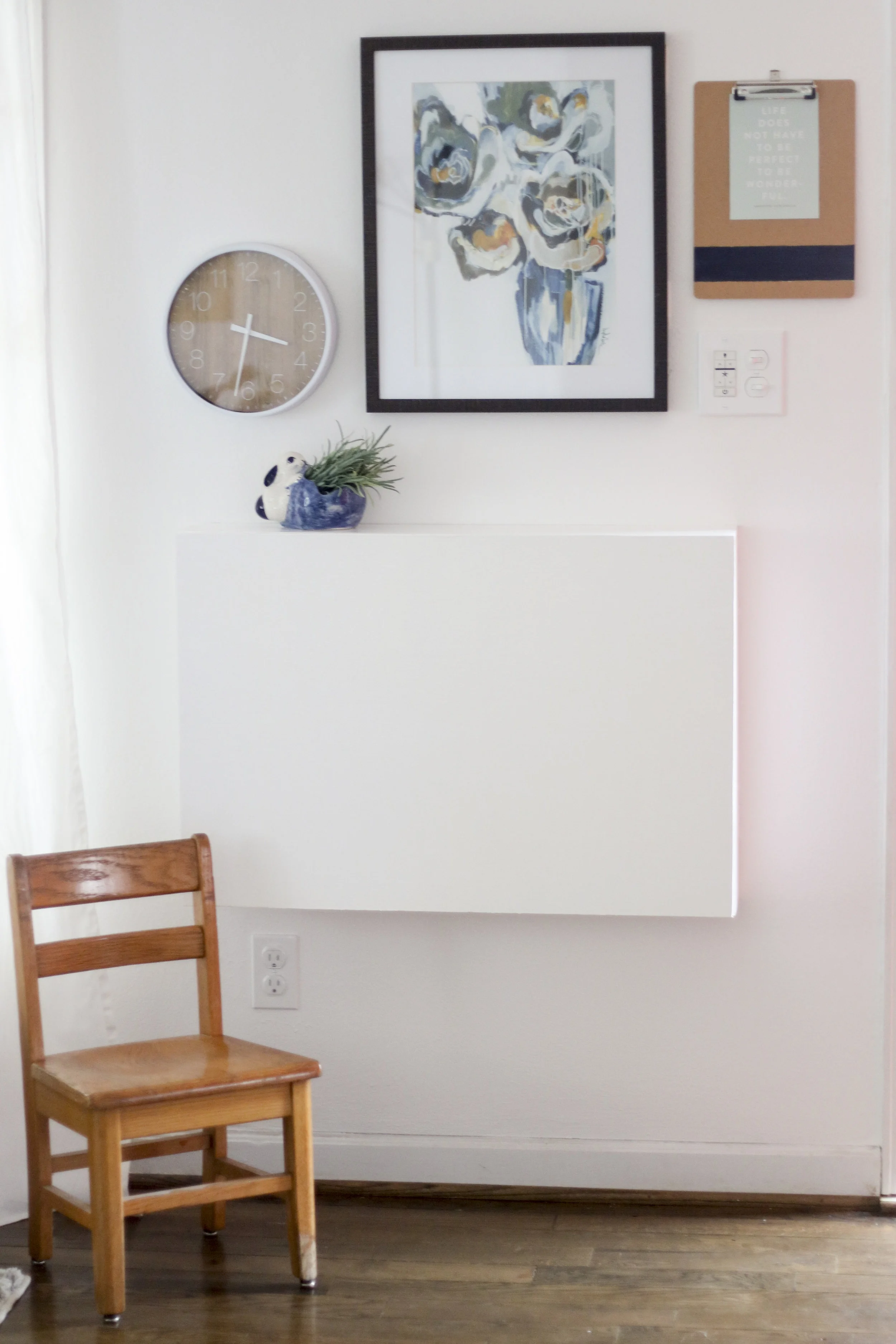 Clock | Art (Home Goods) | Bunny Bowl (thrifted) | Chair (handed down)