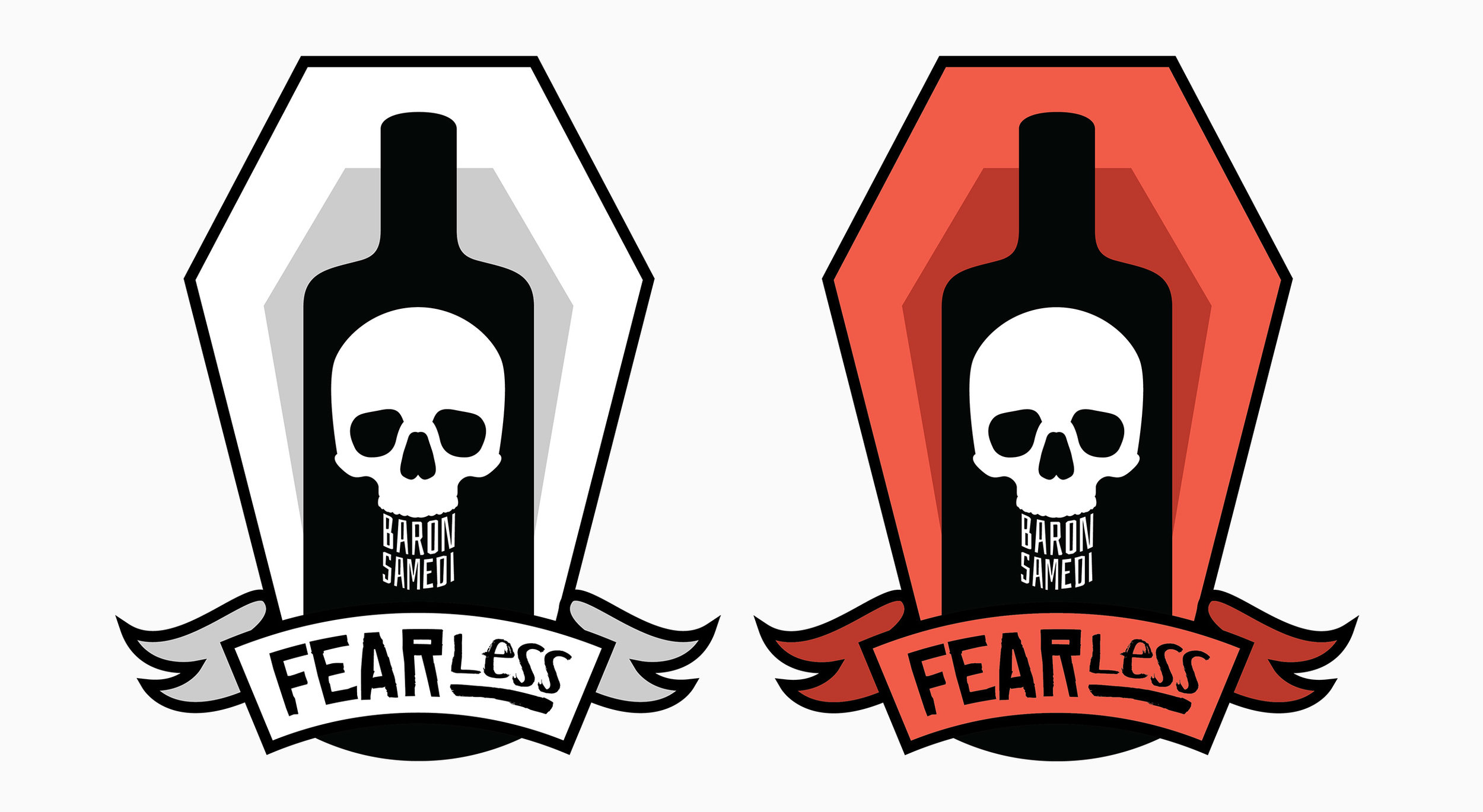 This patch was Baron’s favourite. The bottle and skull treatment inside of a casket was well received. One of the only changes was to swap out the tagline “Too Rare to Die” for “FearLess”.