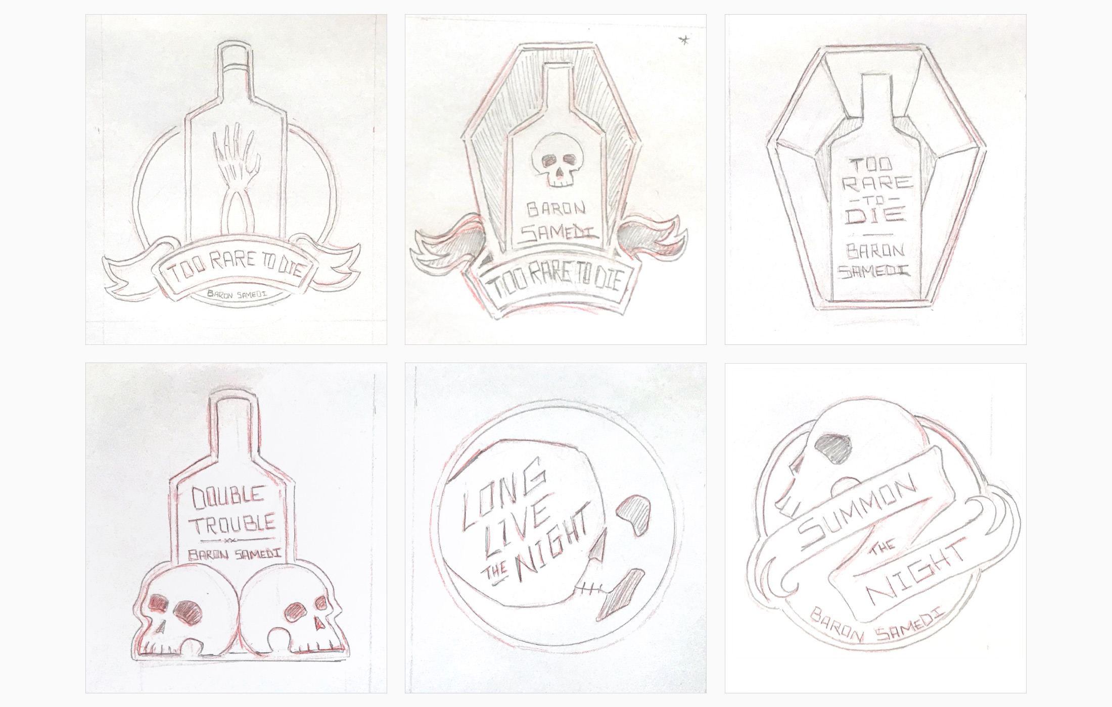 I started off by researching the Baron brand. From there I thumbed through skull and tattoo books, searched online, I was collecting inspiration for the style I wanted to portray. I began with patch concepts. I provided about 20 sketches, but in th