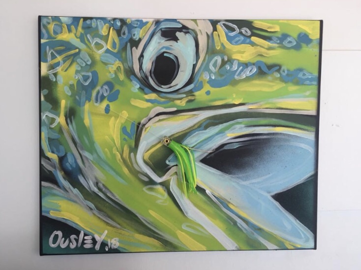 12X16” Mixed Media acrylic paint , spray paint , 3” trolling skirt