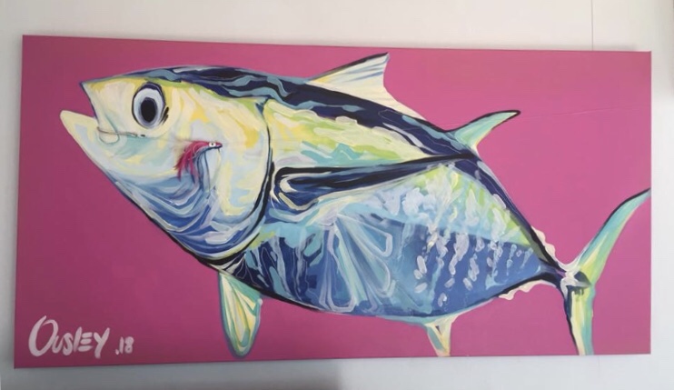2x4 ft mixed media Acrylic paint, spray paint, repurposed trolling skirt